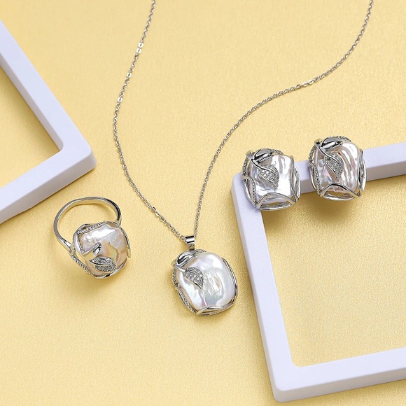 Authentic freshwater baroque pearl jewelry set: necklace & earrings & ring set - Picture 4 of 10